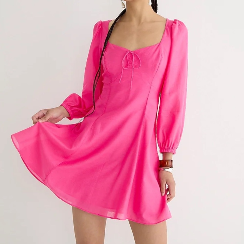 J Crew Hot Pink Sweetheart Mini Dress Long Puff Sleeves Size 6